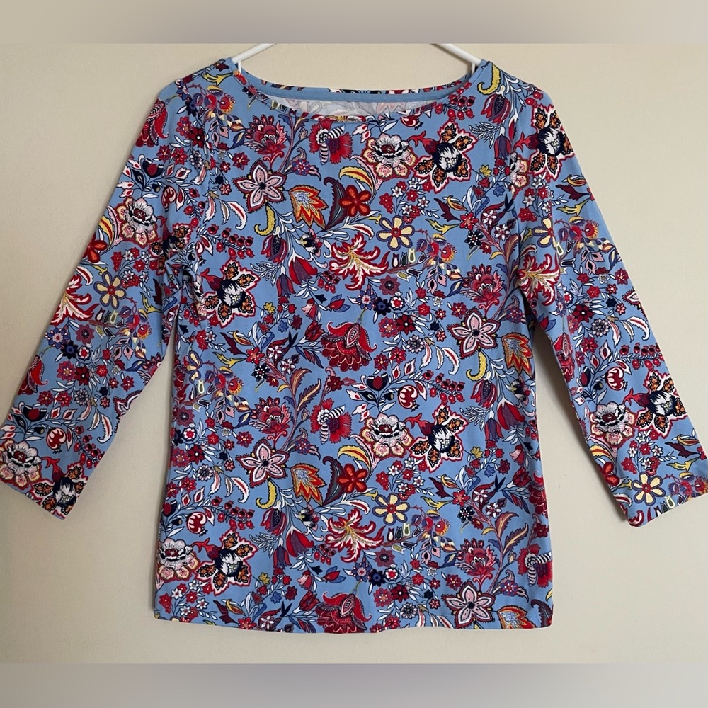 Talbots Woman's Tee 3/4 Sleeve Blue Floral Print Top - Size S